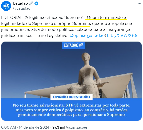 'Quem tem minado a legitimidade do Supremo é o próprio Supremo' diz o artigo de opinião hoje do @Estadao. O que está acontecendo com a extrema-imprensa?