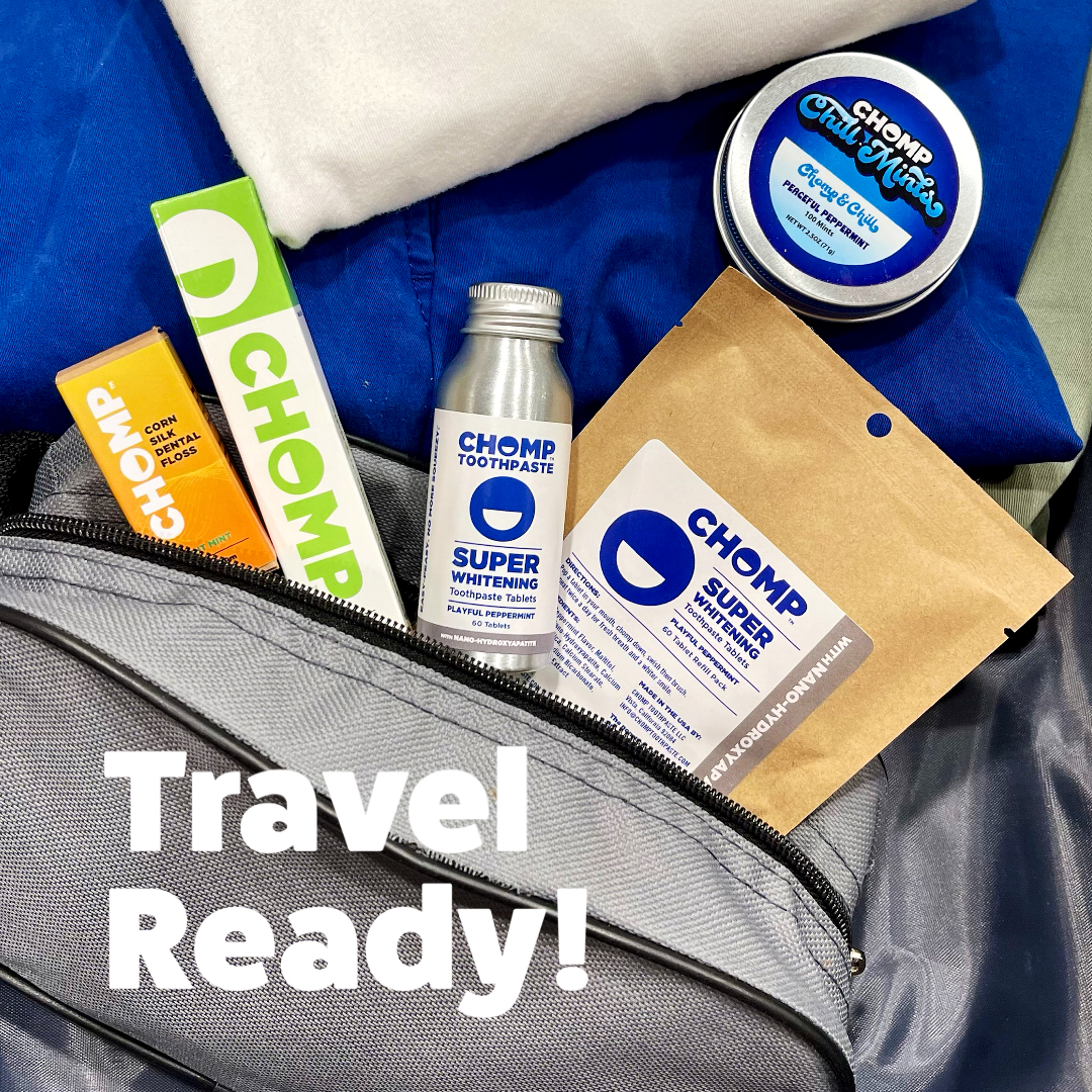 Your perfect on-the-go dental routine. Easy to pack, easy to carry. Check out our full line of plastic free products at chomptoothpaste.com today. #travel #travelready #TSAfriendly #dental #dentalroutine #teeth #teethcleaning #teethwhitening #onthego #toothpaste #toothpas ...