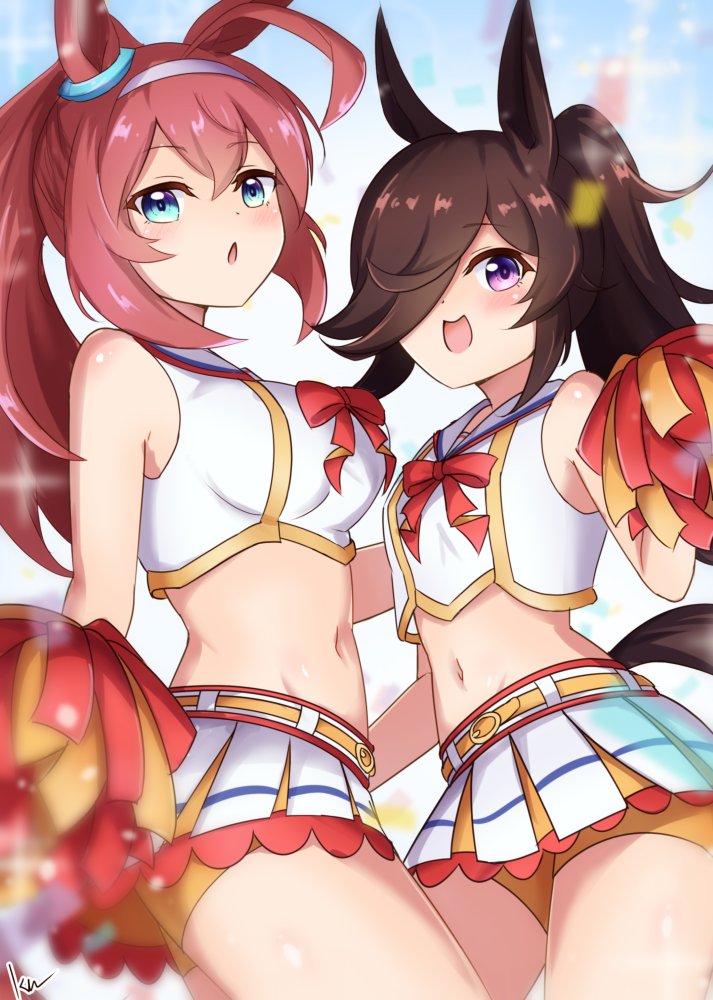 ミホノブルボン(ウマ娘) ,ナイスネイチャ(ウマ娘) ,ライスシャワー(ウマ娘) 「チアライスとチアブルボン#太もも晒すとフォロワー増えるって聞いたんですが 」|キムキム🜸新刊メロブ委託中のイラスト
