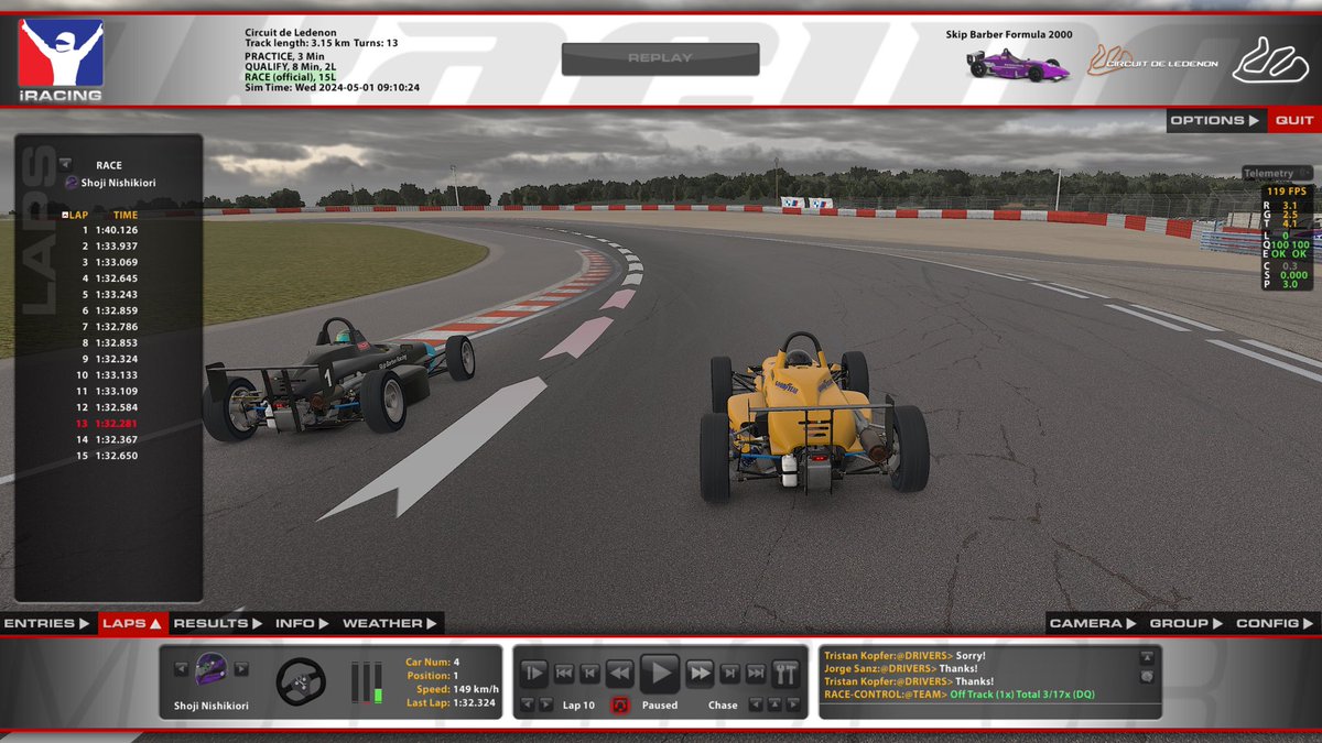 ShoN_iRacing's tweet photo. 私のiRacing日記　その272

Skip,Ledenon,#4/11,Q2→R3

いやあ…また刺されて距離空けてしまいました…😓
T1でイン刺されると怖くて…😅

ここまでtopで踏ん張ってたんですが、3位の人にもT1で抜かれ結局3位…☺️

後ろにつかれた時、ミラーとか見てばっかで全然タイムが出なかった…反省ですな🤔 https://t.co/3IWT6vNj6k