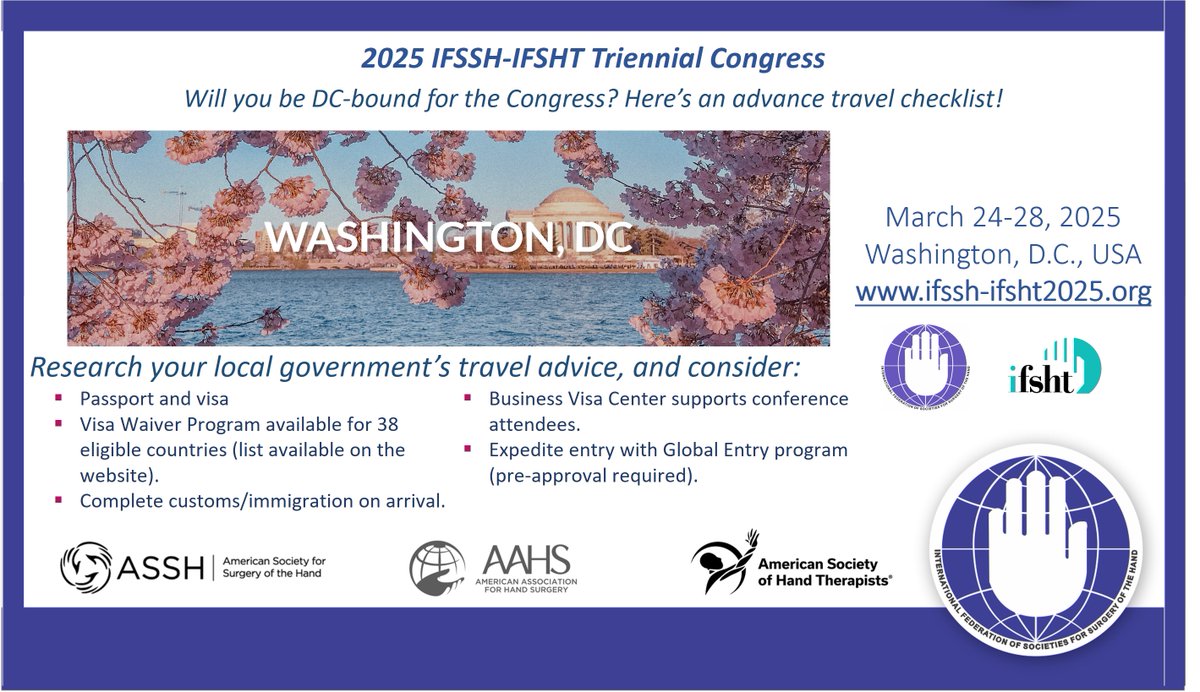 Ready to experience the Congress and DC? It’s never too early to make travel plans!🛫 Visit ifssh-ifsht2025.org to know more – the local organising committee can help too. #HandSurgery #IFSSH2025 #IFSHT2025 @handsociety @handsurgeryassn @handtherapyasht @IFSHandTherapy