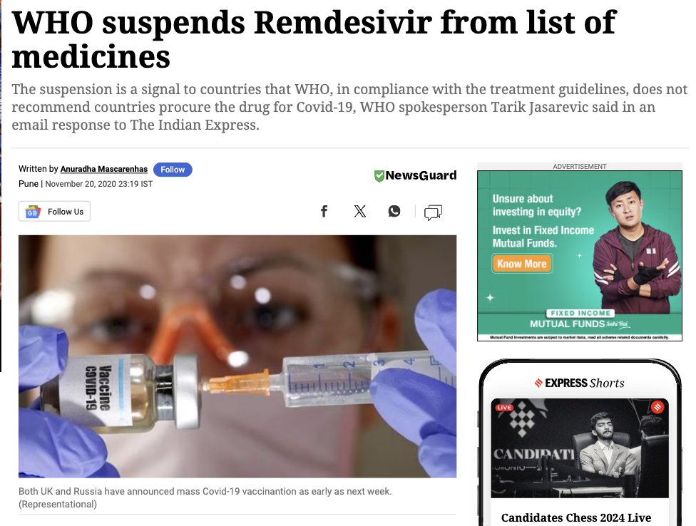 20 Nov 2020: WHO stopped recommeding Remdesivir for COVID-19 treatment

25 Nov 2020: US FDA approved usage of Remdesivir for treatment of COVID-19

Iska matlab US me bhi electoral bond ka paisa ja rha tha. What a big expose. 🤡🫡