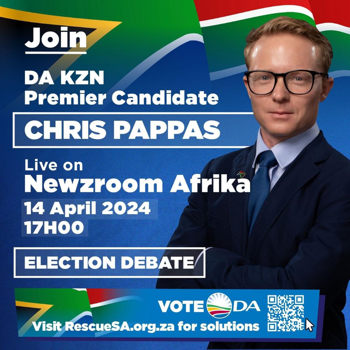 📺 | Tune in today, live on Newzroom Afrika at 17h00 to hear our KZN Premier Candidate, Chris Pappas, live for the Election 2024 debate. Discover why voting for the DA will #RescueSA.