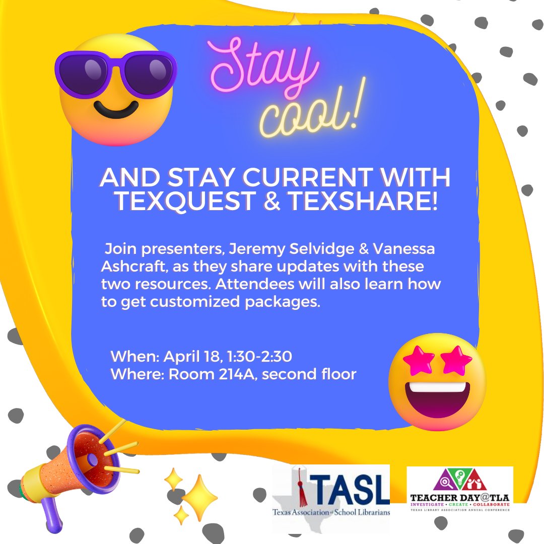 If you are attending Teacher Day @ TLA, we recommend this session over TexQuest & TexShare at 1:30 in Room 214A. Both #teachers and #librarians can use @TexQuest with students #TDTLA24 #TxLA24 @txasl @txla