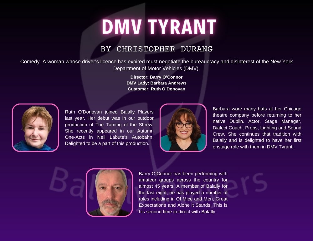 The second of the 4 plays each evening Wed 16-Sat 20 Apr 8:15pm in Studio 4 - Balally Shorts is ‘DMV Tyrant’ a comedy directed by Barry O’Connor with Ruth O’Donovan and Barbara Andrews. Bookings: milltheatre.ie/events/studio-… @dlrmilltheatre @balallyplayers @dundrumtc #theatre #actor