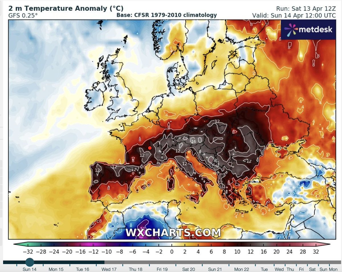 Klimakatastroph's tweet photo. #Europa erlebt heute Anomalien von bis zu +16°C (!). Einfach nur absurd. 
Mittlerweile sind es in 🇦🇹 über +31°C. Damit wurde  die Temperatur von letzter Woche bereits übertroffen. Da waren es 30°C.
#Klimakrise 

https://t.co/83yA9TVwEl https://t.co/zybxQQfl3O
