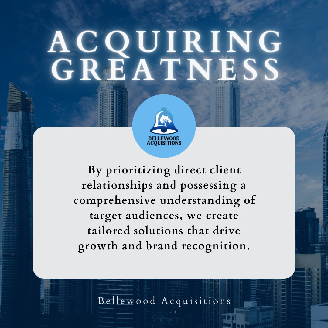 At Bellewood Acquisitions, we prioritize direct client relationships and possess a deep understanding of target audiences. Our tailored solutions drive growth and brand recognition. 🔔 #BellewoodAcquisitions #ClientRelationships #TailoredSolutions