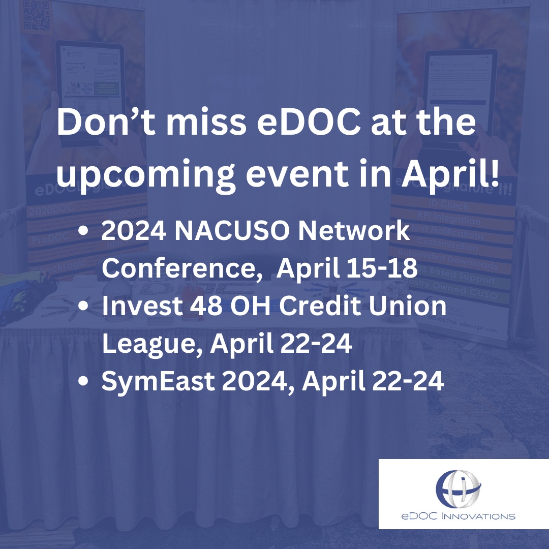 We're hitting the road and coming to a conference near you! Stop by our tables to say hi to the team and learn more about what eDOC Innovation has in store for this upcoming year! 

#eDOC #CheckLogic #DigitalTransactions #SignAnywhere #eSignatures #eDOCSignature
