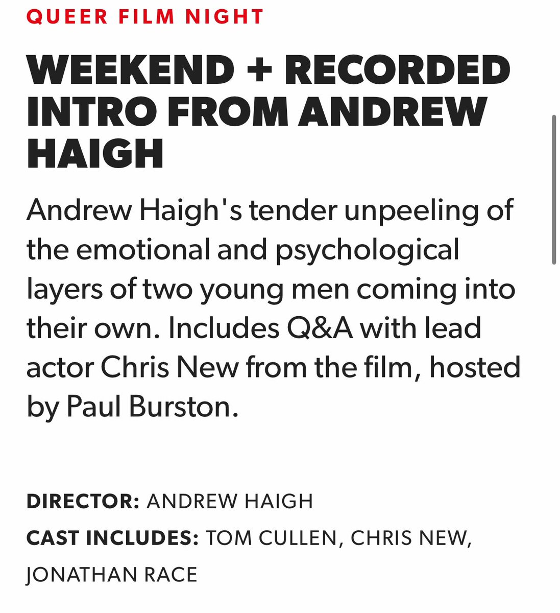 Next Sunday evening I’ll be interviewing actor Chris New at this screening of Weekend at @Electric_palace Hastings electricpalacecinema.com/whats-on/weeke…