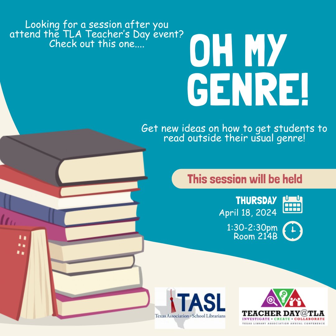 Oh My Genre! You don't want to miss this session after Teacher Day @ TLA event. 1:30 pm in room 214B. #TDTLA24 #TXLA24 @TXLA @TxASL