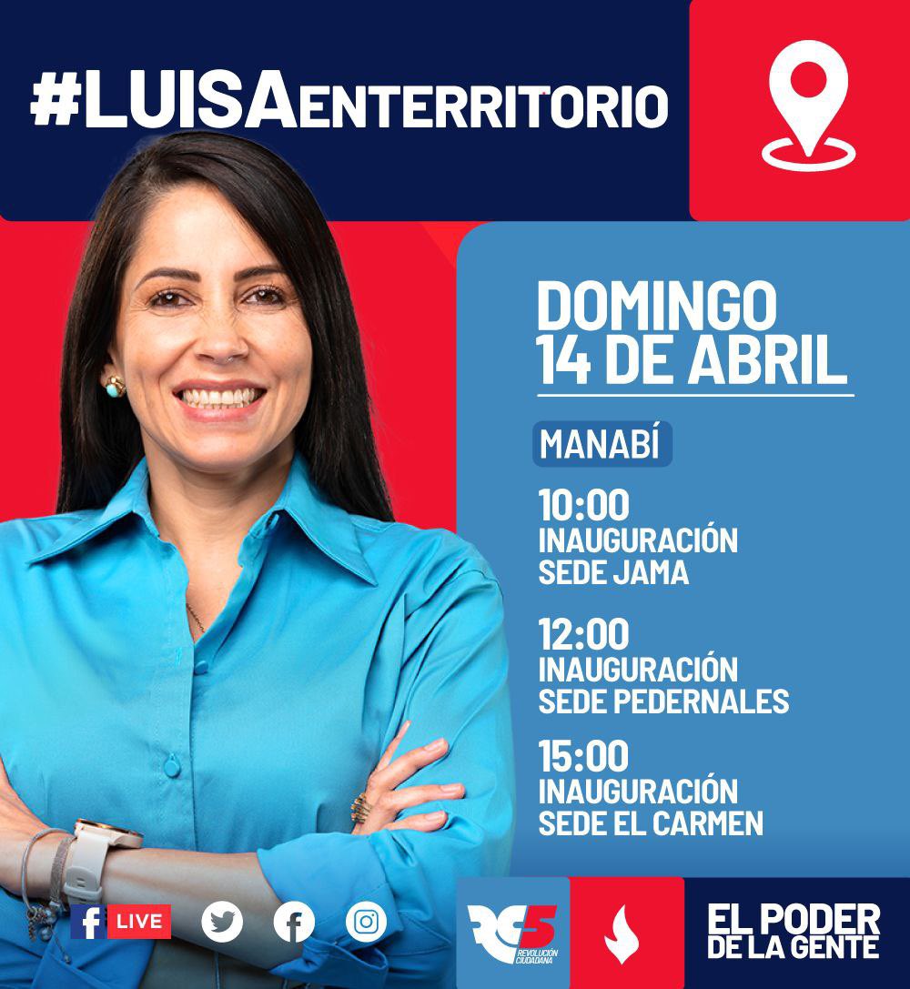 ¡Seguimos recorriendo nuestra amada provincia de #Manabí 😍! 

Únete a nuestra compañera @LuisaGonzalezEc en el recorrido que realizará mañana en Jama, Pedernales y El Carmen. 🫶🏻❤️💪🏻

#LuisaEnTerritorio 
#ElPoderDeLaGente 
#RC5