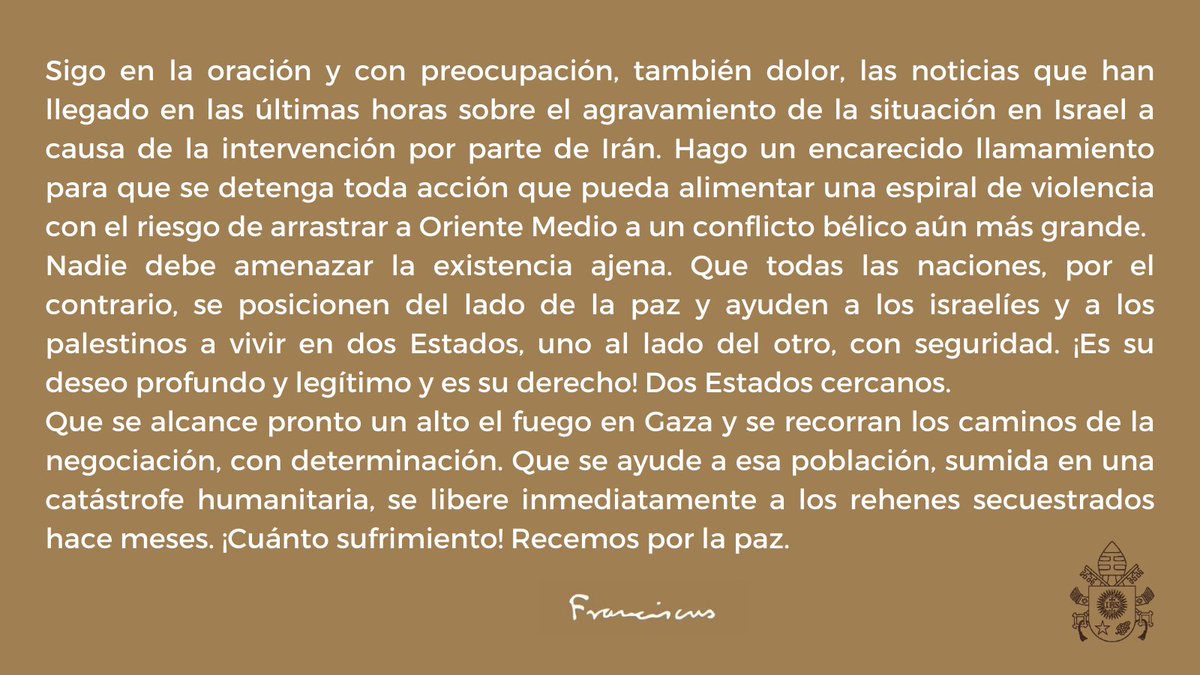 Pontifex266_es's tweet photo. ¡Basta con la guerra, basta con los ataques, basta con la violencia! ¡Sí al diálogo y sí a la paz! #RecemosJuntos por la paz. https://t.co/j1VJ2VfgnV