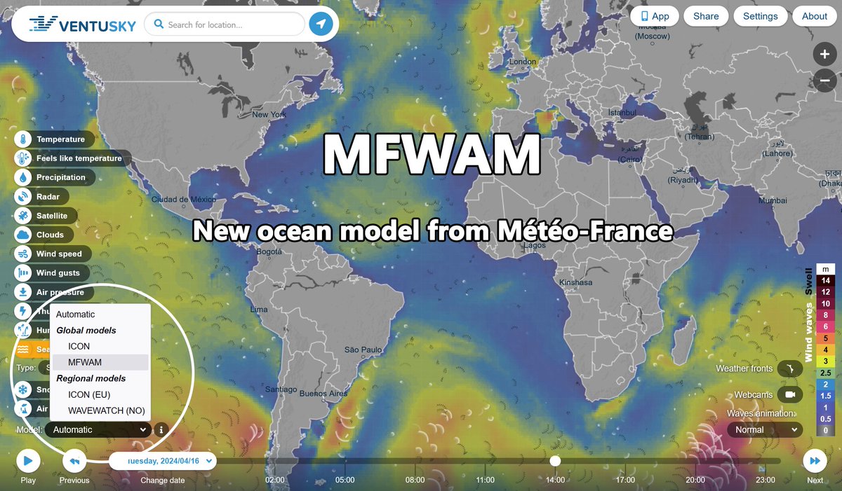 We are now displaying data from another model on Ventusky. You can now find a 10-day wave forecast from the MFWAM model by @meteofrance. 😍 The number of data sources from national weather services around the world on our platform is growing significantly: ventusky.com/sources