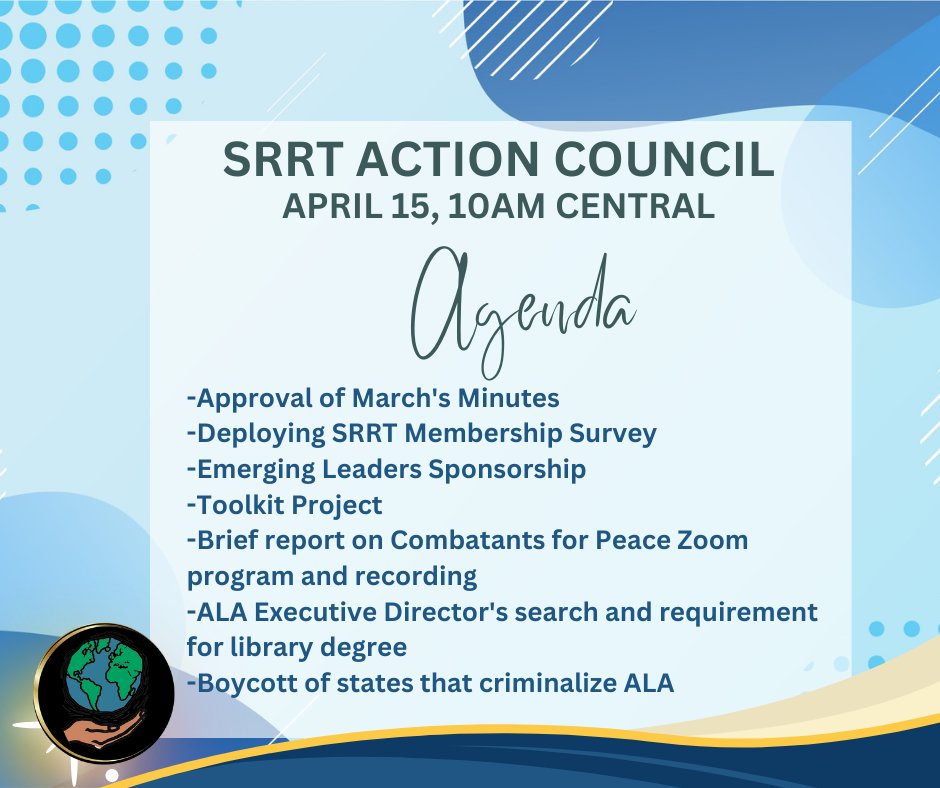 SRRT_ALA's tweet photo. SRRT Action Council will meet Monday, April 15 at 10am Central. Check connect for zoom link. All SRRT members are welcome to attend.

#SRRT https://t.co/lUjbirymE9