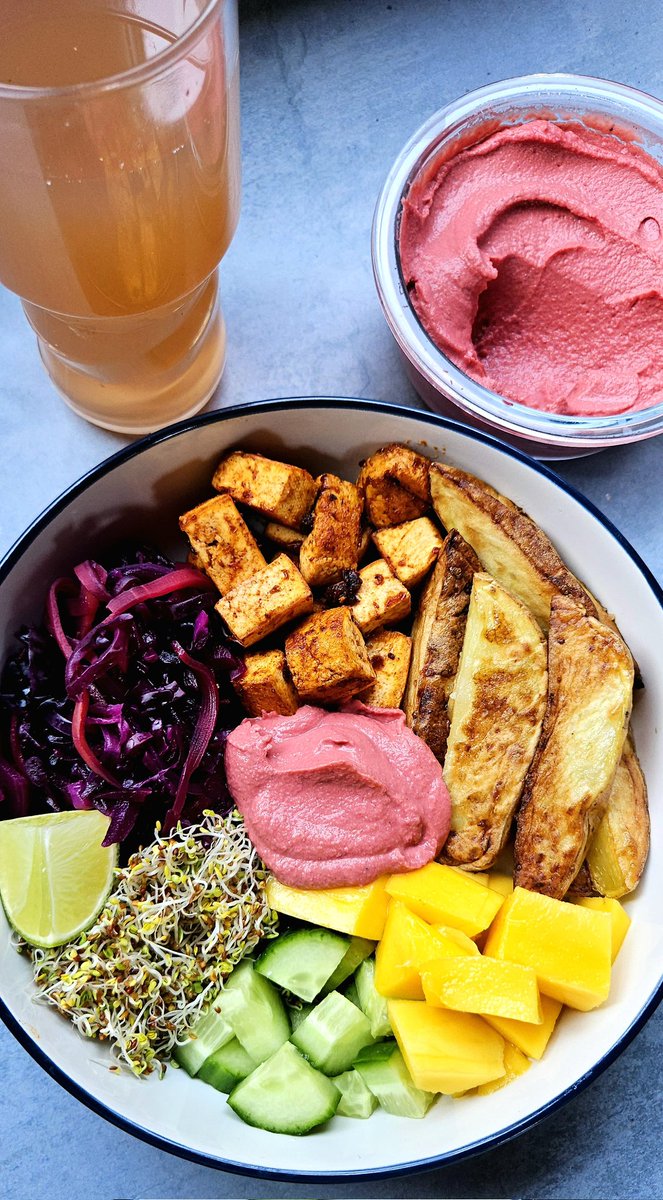 Day-21 of my 40-Day Daniel's Fast

I made this flavour bomb chipotle tofu bowl with fermented slaw, airfried wedges, beet hummus, mango, cucumber, red clover sprouts, fresh lime, and a glass of tepache

Today is an interesting cuisine fusion, mixing Mexican, Middle Eastern, and