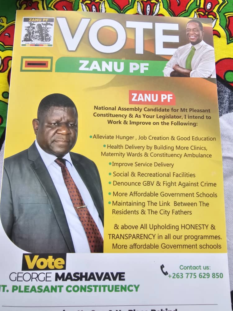 Tsepete pana Mashavave🗳✊🇿🇼 Come 27 April, Mt Pleasant will vote and welcome it's new MP, Hon George Mashavave, A true hardworking cadre hell bent on improving the livelihoods of pple in Mt Pleasant Constituency. Vote ZANU PF✊🗳 Vote Mashavave🗳✊ Mnangagwa Huchi✊🇿🇼🍯🍯🍯