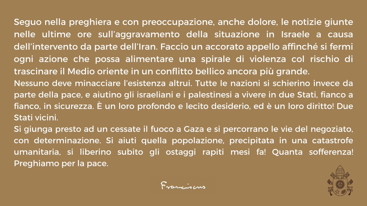 Basta con la guerra, basta con gli attacchi, basta con la violenza! Sì al dialogo e sì alla pace!
#PreghiamoInsieme per la pace.