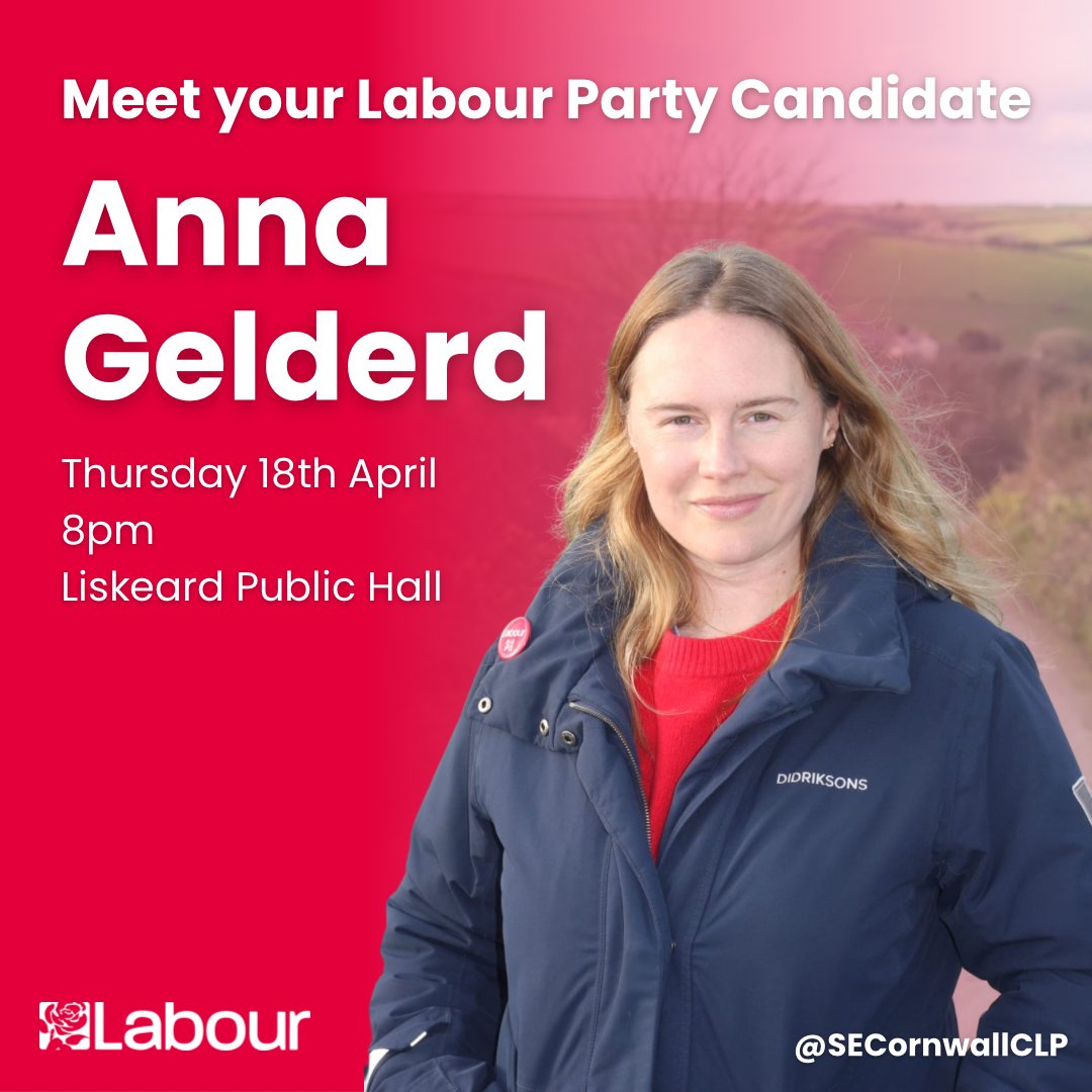 Open to all, come along for an informat chat and Q&A session with your Labour Party Candidate for South East Cornwall @annagelderd Thursday 18th April, entry from 8pm at Liskeard Public Hall. Enquiries to: campaigns@laboursecornwall.org.uk