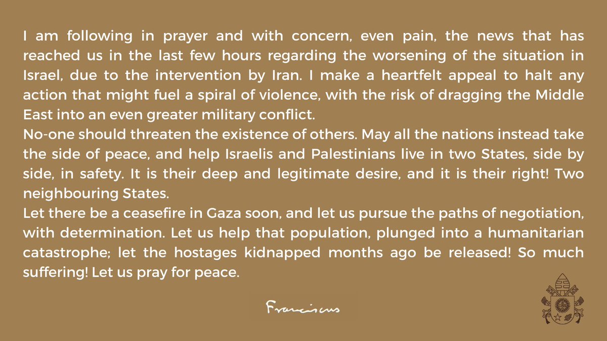 No more war, no more attacks, no more violence! Yes to dialogue and yes to peace! Let us #PrayTogether for peace.