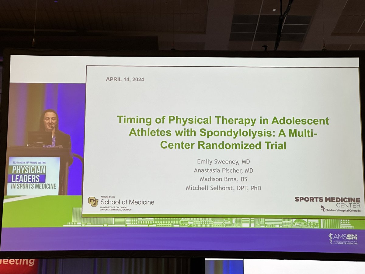 Exciting preliminary results from @AMSSM_CRN multi-center RCT of timing of PT for adolescent spondylolysis presented by Dr. Emily Sweeney - early PT resulted in one month earlier return to sport. Look forward to more from this great study! #AMSSM2024 #AMSSM24