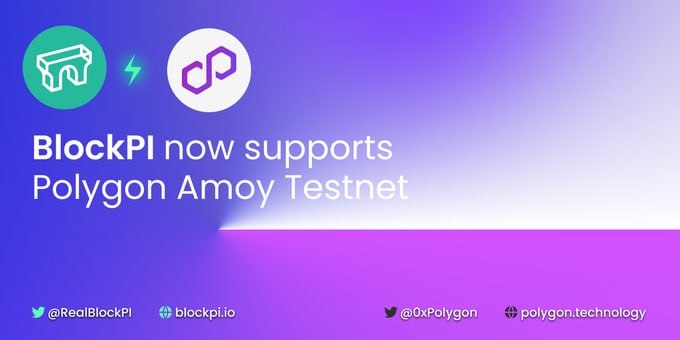 Polygon_Space1's tweet image. 🚀 @RealBlockPI RPC services are now available on @0xPolygon Amoy Testnet

🚀 #BlockPI is a distributed multi-chain acceleration layer, providing high performance and reliable RPC services for Web3.

🔽VISIT
blockpi.io/polygon
