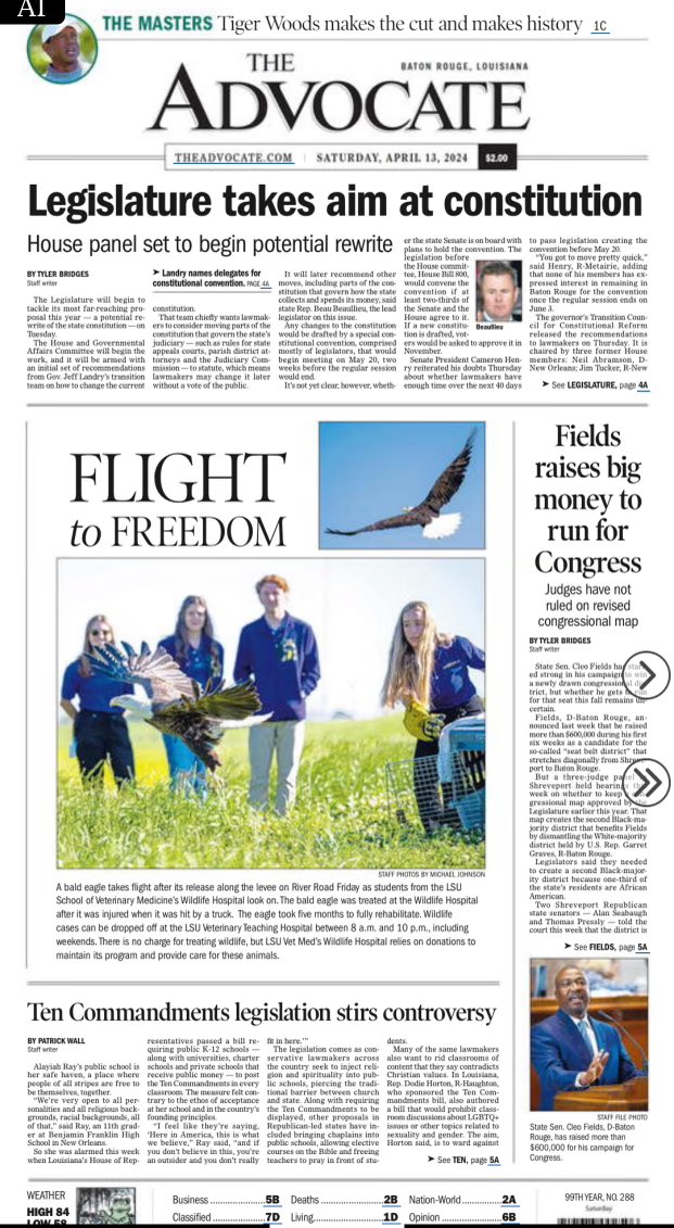 It’s not every day you’re on the front page of the state paper! But our Wildlife Rehabilitation team @LSUVetMed has done it again, with the spectacular release of a bald eagle. #WeTeach, #weheal, #wediscover & #weprotect. Serving #Louisiana, impacting the world! #LSU #TheAdvocate