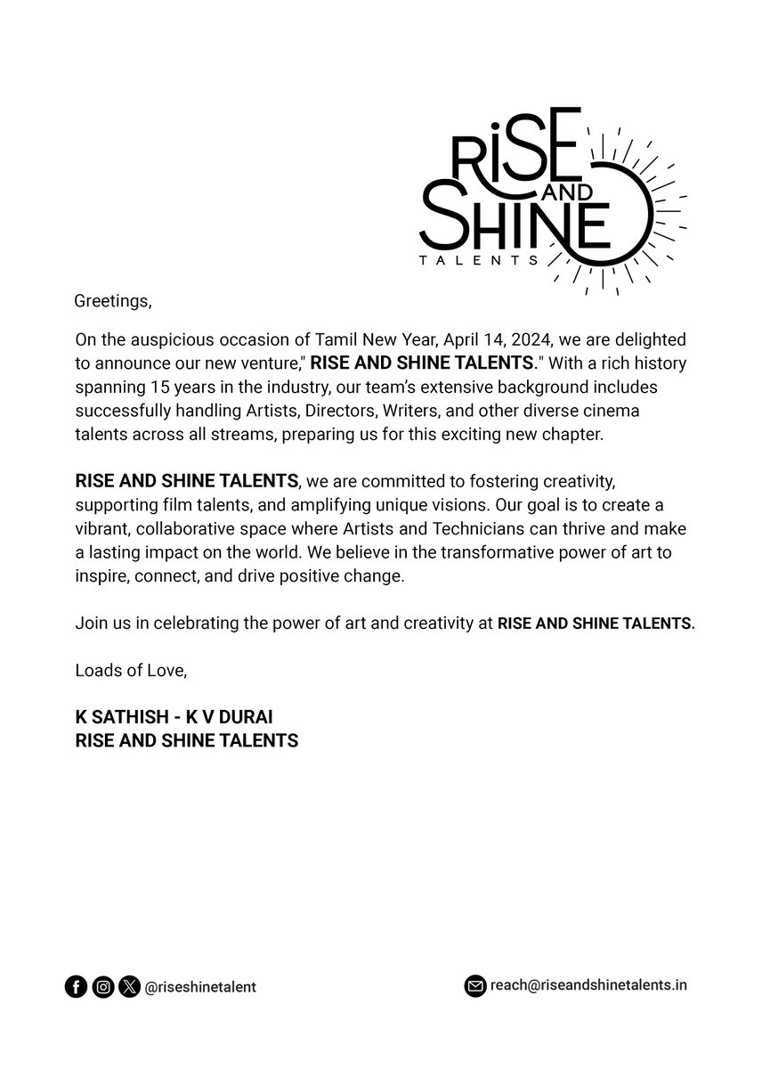 #RiseandShineTalents, a talent hub dedicated to showcasing the most unique and original emerging talents, embarks on this special day. Best wishes to the team as they begin this beautiful journey ✨ @sathishoffl @DuraiKV @RiseShineTalent