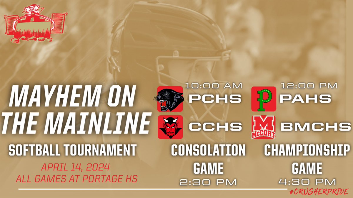 🥎// Come support the Crushers as they take on Portage HS in the first round of the Mayhem on the Mainline Softball Tournament. Their game starts at 12:00 PM at Portage HS. #CrusherPride