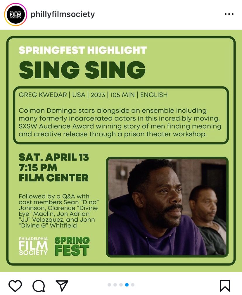 ZachSMarsh's tweet photo. I can’t remember the last movie I saw that embraces and embodies the phrase “brotherly love” more than Greg Kwedar’s @SingSingMovie. Seeing this last night at #PFFSpringFest was such a treat, even more so because of the remarkable Q&A with some of the cast afterward. (1/3) https://t.co/Kcg6f8o89C