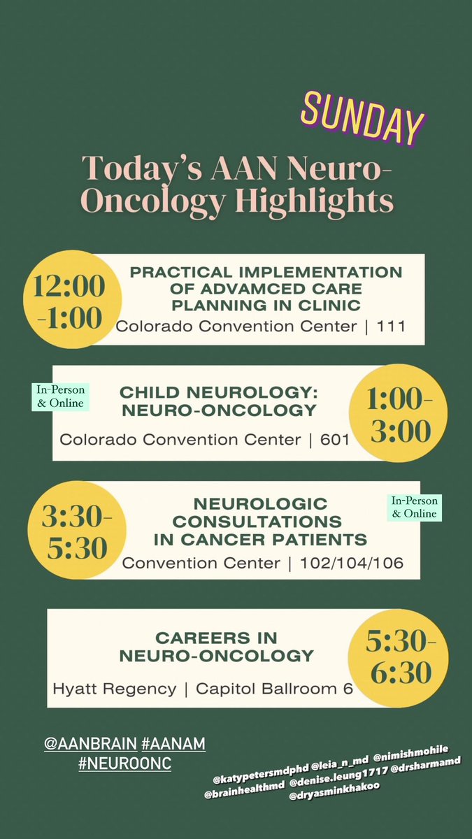 Day 2 #NeuroOnc #AANAM highlights! See you there 🤓 @AANmember @KatyPetersMDPhD @NimishMohile @MrugalaMaciej @LaurenSchaffMD @Leia_N_MD @DrWasilewski @JacobJMandel @DrYasminKhakoo