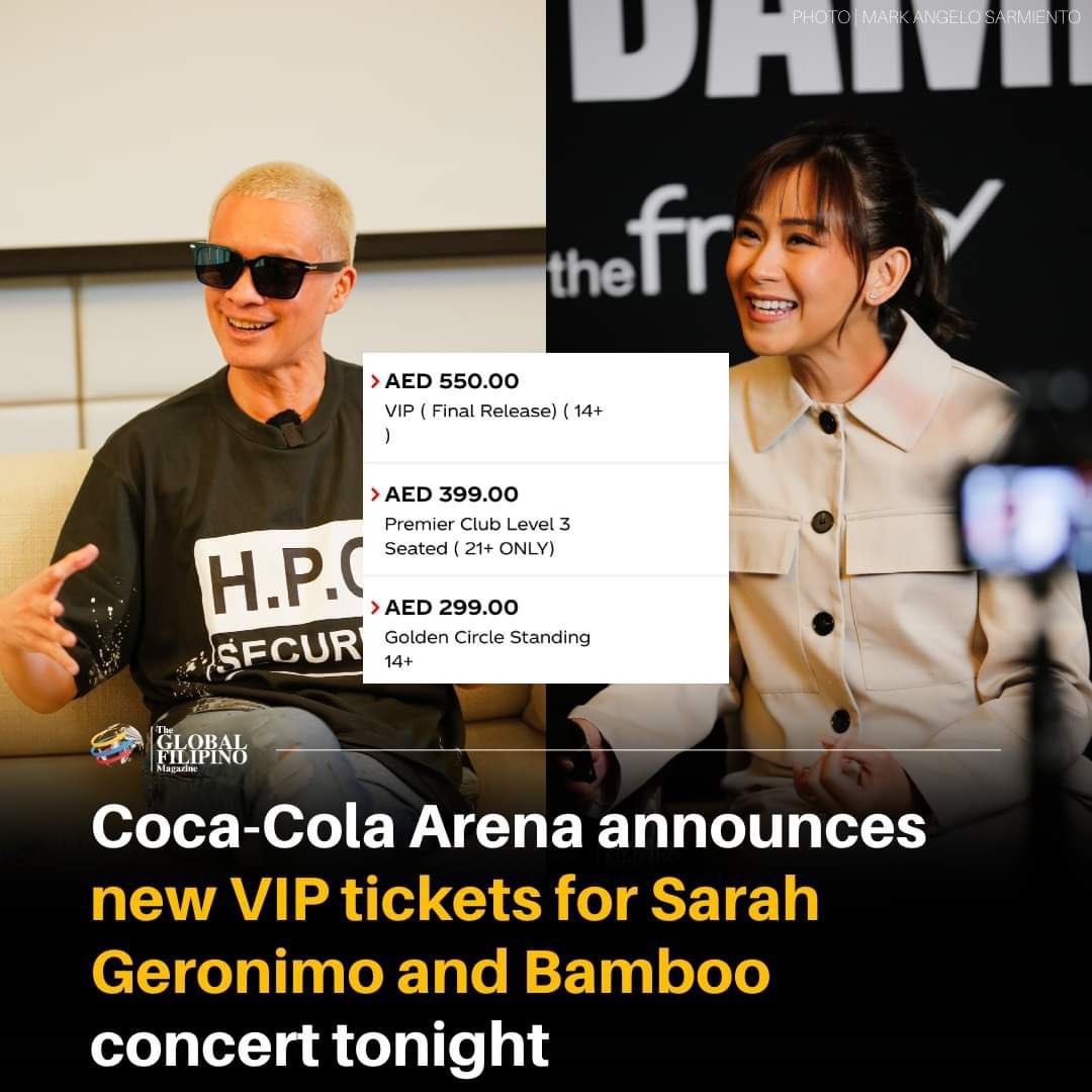 Popsters_PH's tweet photo. New VIP tickets released for tonight's SARAH G x BAMBOO concert in Dubai! 

Reas the full article here: https://t.co/NWJUBl6Mdo

Get concert tickets here: https://t.co/PSAjwgosep

#SarahGxBambooDubai 
@JustSarahG @Bamboomusiclive https://t.co/NQxqqyNkIj