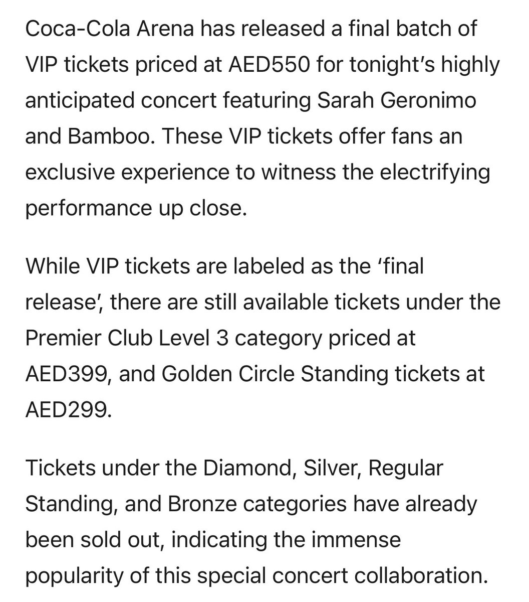 Popsters_PH's tweet photo. New VIP tickets released for tonight's SARAH G x BAMBOO concert in Dubai! 

Reas the full article here: https://t.co/NWJUBl6Mdo

Get concert tickets here: https://t.co/PSAjwgosep

#SarahGxBambooDubai 
@JustSarahG @Bamboomusiclive https://t.co/NQxqqyNkIj