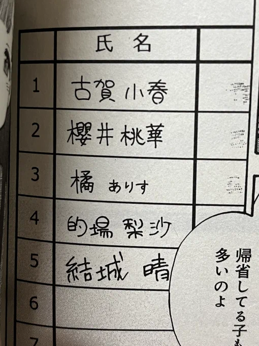 これは原作u149の一コマなんですけど
個性バラバラのこはももりさが総じて丸文字なの全員ザ・女子小学生って感じでかわいいし
橘さんの下の名前が「ありす」って小さく書かれてるのコンプレックスしっかり表してて完璧だし
結城晴は「男子っぽいけど綺麗な字」ってのが最高に結城晴で好き 