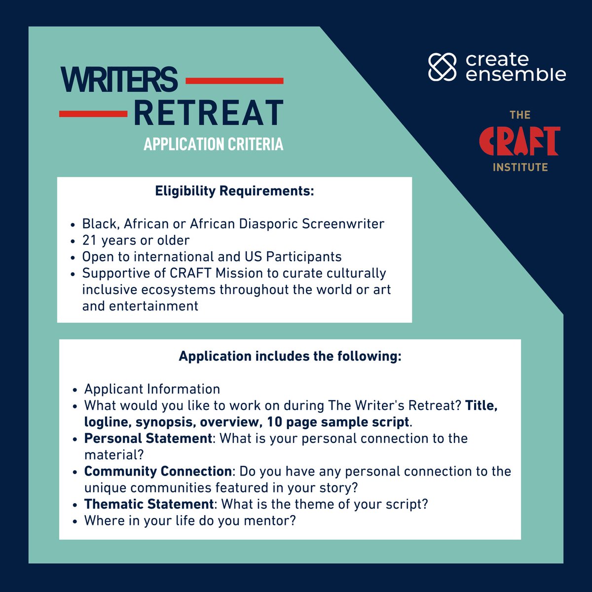 1 week until the application for The CRAFT Institute’s Writers Retreat is open on Sunday, April 21st!

Review this post to learn eligibility requirements and what you can expect from the application to best prepare! DM us if you have any questions.