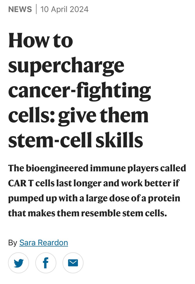 Immune-engineering: interesting approach over expressing transcription factors to increase stemless..

✅ cytokines (IL15)
✅ phosphatases (PTPN2)
💥 Now transcription factors (FOXO1, c-Jun)

The bioengineered immune players called CAR T cells last longer and work better if