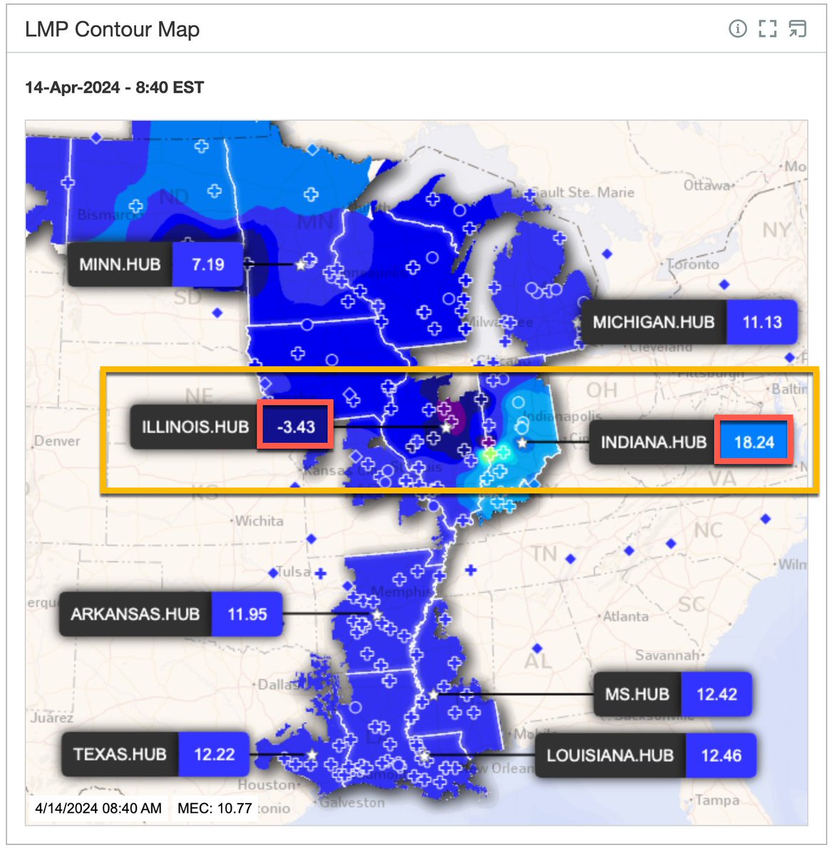 Where are the power spreaders? What's going on in the Midwest with a Locational Marginal Pricing (LMP) spread of > $21 between Illinois and Indiana. #MISO