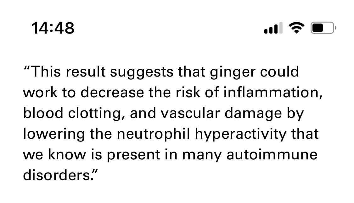 @doc4care @remissionbiome @MVGutierrezMD @AzolaAlba @PutrinoLab @dbkell @WesElyMD It was this work that caught my eye: “ginger[ol] could work to decrease the risk of inflammation, blood clotting, and vascular damage by lowering the neutrophil hyperactivity that we know is present in many autoimmune disorders.” michiganmedicine.org/health-lab/cou….