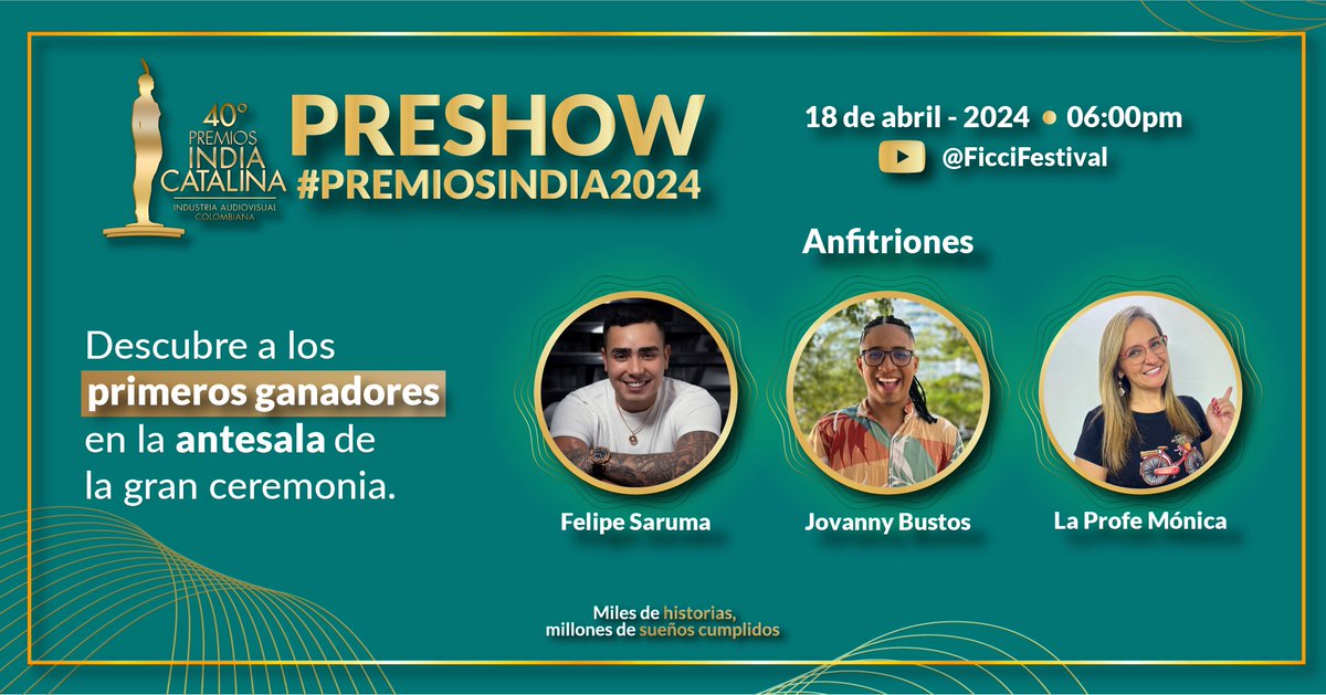 Únete al espectacular pre-show #PREMIOSINDIA2024, la antesala de la premiación principal.

Aquí se conocerán los primeros ganadores de la noche. 

No te pierdas esta emocionante antesala con nuestros anfitriones.

📅 18 de abril de 2024 
⏰ 6:00pm 
📌 YouTube.com/@ficcifestival
