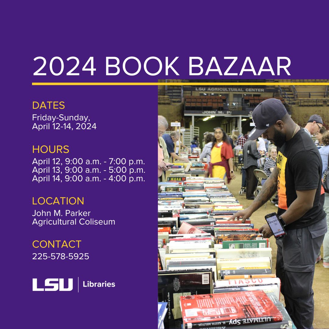 Today is the last day of the Friends of the #LSULibraries Book Bazaar. Don't miss out! All proceeds benefit #LSU Libraries. More info: lib.lsu.edu/about/friends/…