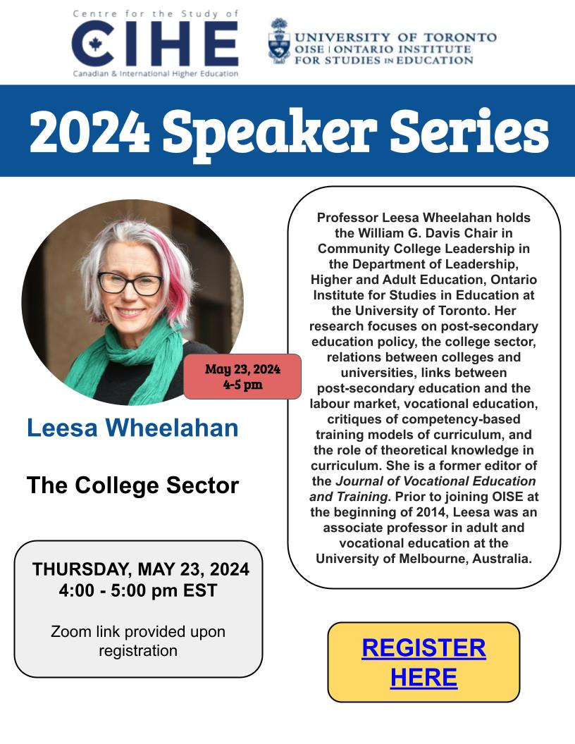 Dr. Leesa Wheelahan will be speaking about the College Sector as part of our 2024 CIHE Speaker Series! Sign-Up at the link below to hear her on May 23rd from 4-5pm. forms.gle/6DkW25Yi8F8i1N…