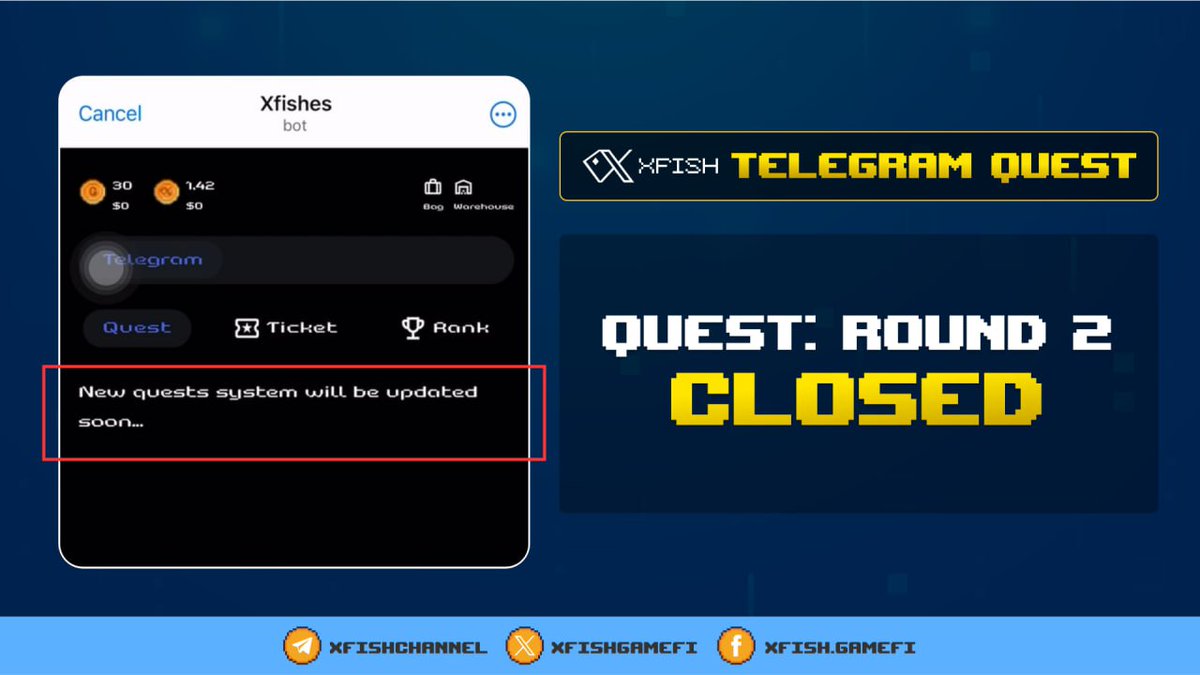 XfishGameFi's tweet photo. QUEST ROUND 2 CLOSED

⛔️ The time to collect Tickets for Round 2 has ended!

⏳ Wait for the system calculation about Total Rewards!

☑️ Want to know your potential tokens?

☑️ Here's a quick formula:

Your Tickets (Round 2) / Total Tickets (Round 2) * 400K XFG tokens

🔥 Stay tuned for exciting news and instructions on how to claim XFG tokens!

Telegram Quest
https://t.co/1ctjniVYJ0
Lucky Points
https://t.co/LGg9ghhG88

#XFish #Quest #LuckyPoints #GameFi #SocialFi #XGame