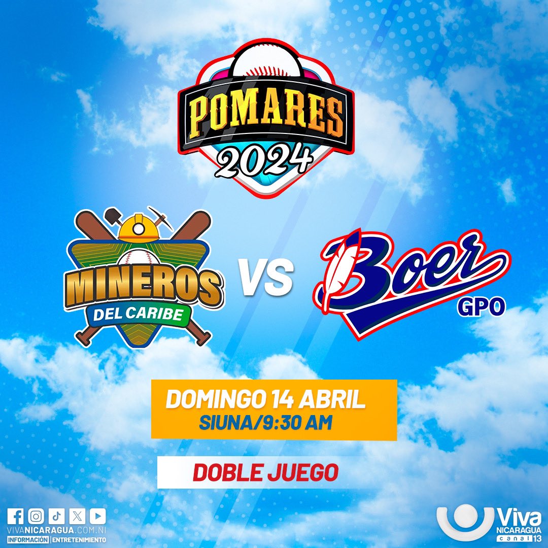 VivaNicaragua13's tweet photo. Hoy continúa la emoción del #PomaresxCanal13, en esta ocasión Mineros del Caribe se enfrentan al Boer ⚾️ 🏟️
🥳 Apoya a tu equipo favorito 🙌🏻 #Deportes13 #deportes #basseball https://t.co/sZkrdGDxgz