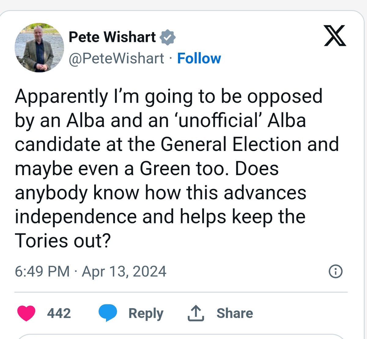 Pete Wishart's raging again. How dare other pro independence parties stand candidates against him in the forthcoming General Election. He seems to be wanting nobody to run against him so he can keep the Tories out. 🙈