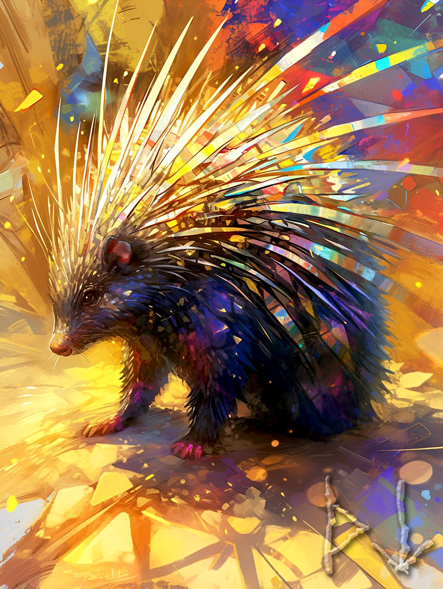 TaleOfCards's tweet image. 【ルーンから生まれるカード】
4/15のカードはソーンᚦ/ティールᛏ

獣族/ヤマアラシ：「タリン」
　森の秩序を守るヤマアラシ。
　シャープなトゲは思考と勇気の象徴。
#AIart