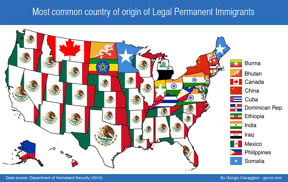 Most common country of origin of legal permanent immigrants by U.S. state.