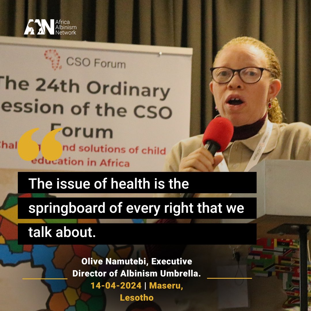 #HappeningNow #Day2 @Olivenamutebi in the panel session on ‘Protecting the Rights of Children with Albinism in Africa: Challenges and Responses’ at the ongoing 24th Ordinary Session of the @ACERWC_CSOForum in Maseru, Lesotho, stated that the issue of health is the