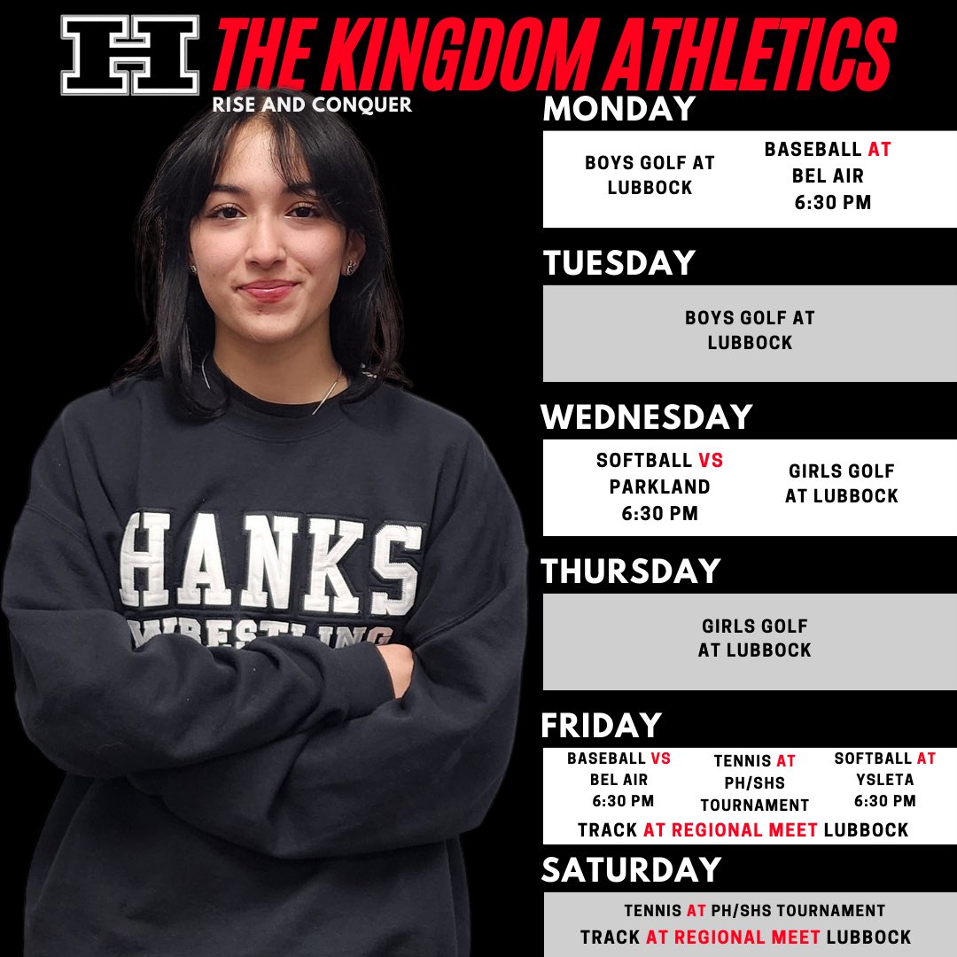 🏰 HANKS ATHLETICS 🏰 ⚔️April 15-20⚔️ COME SUPPORT THE KNIGHTS!! #RiseAndConquer @RCadena2001LTD @JMHanksHigh @HanksAthletics @JLucero_HMS @GlenCoveElem @PebbleHillsES @VHESCrusaders @TierraDelSol_ES @RELWashingtonES