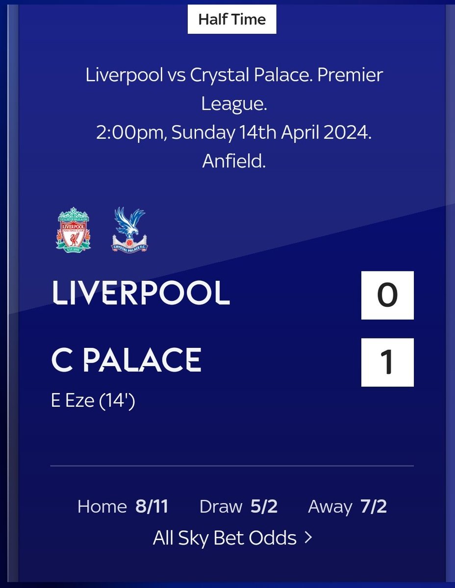 Half-time at Anfield: Palace still ahead against Liverpool. The Reds lucky as Palace squandered several chances. Intriguing second half ahead! #LIVCRY #PremierLeague #cpfc