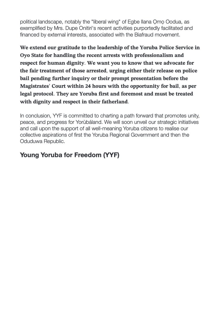 YYF Response to Yoruba Nation Campaigners: The Young Yoruba For Freedom (YYF) acknowledges the passion and determination exhibited by the Yoruba Nation campaigners in advocating for the interests of the Yorùbá people.