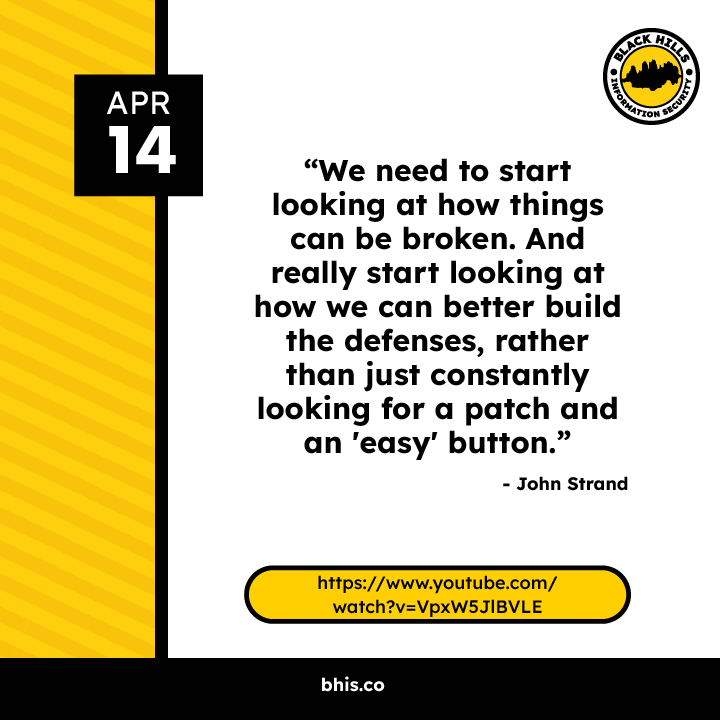 John Strand has some wise words for us today: youtube.com/watch?utm_camp… If you'd like more helpful educational content, check out the Infosec Survival Guide: Second Volume -- blackhillsinfosec.com/prompt-zine/pr…